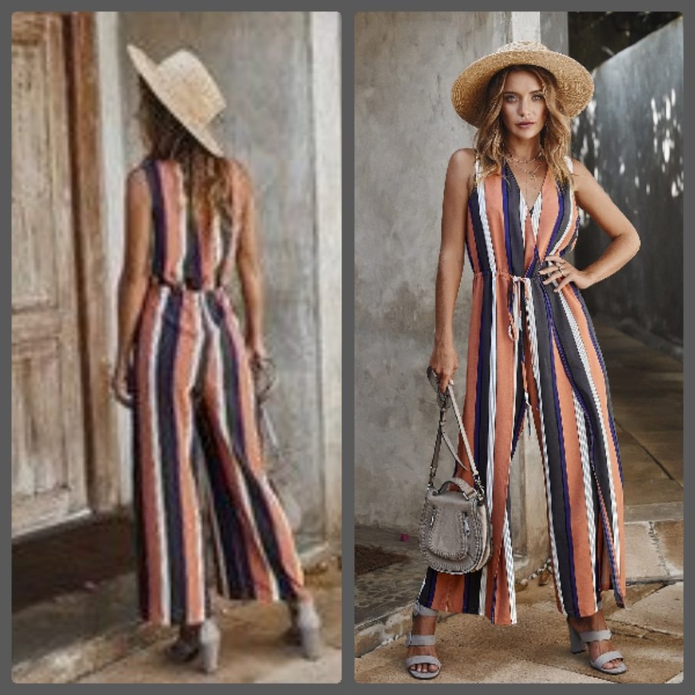 CLEARANCE NEW PINK STRIPED JUMPSUIT SLIMMING SLIT PANTS - Picture 2 of 6